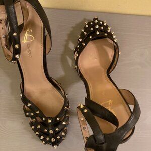 Joan & David black and gold spike caged heels, size 9.5